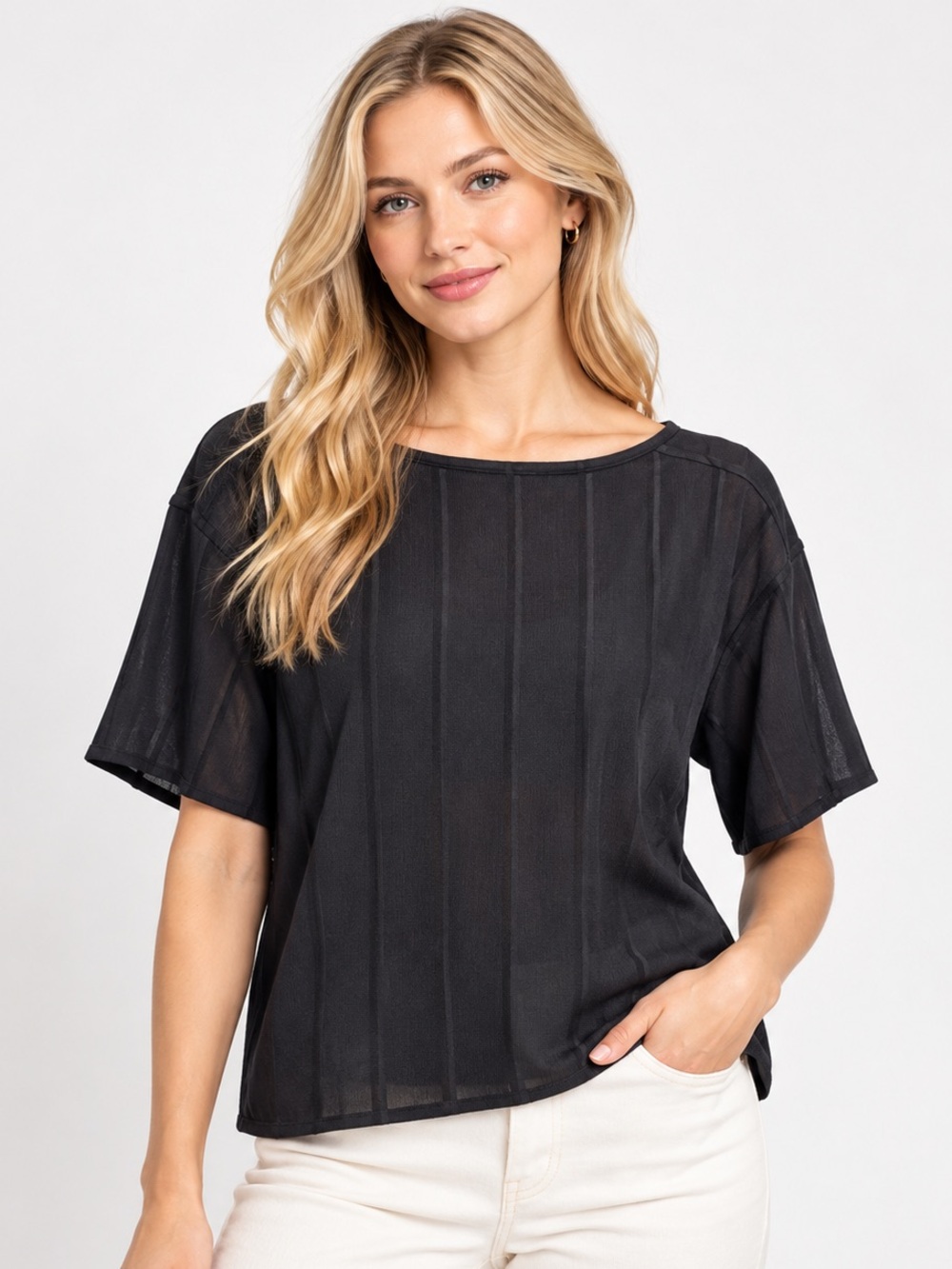 Theory Straight Tee Barclay Rib Black Sheer Stripe Top Size S